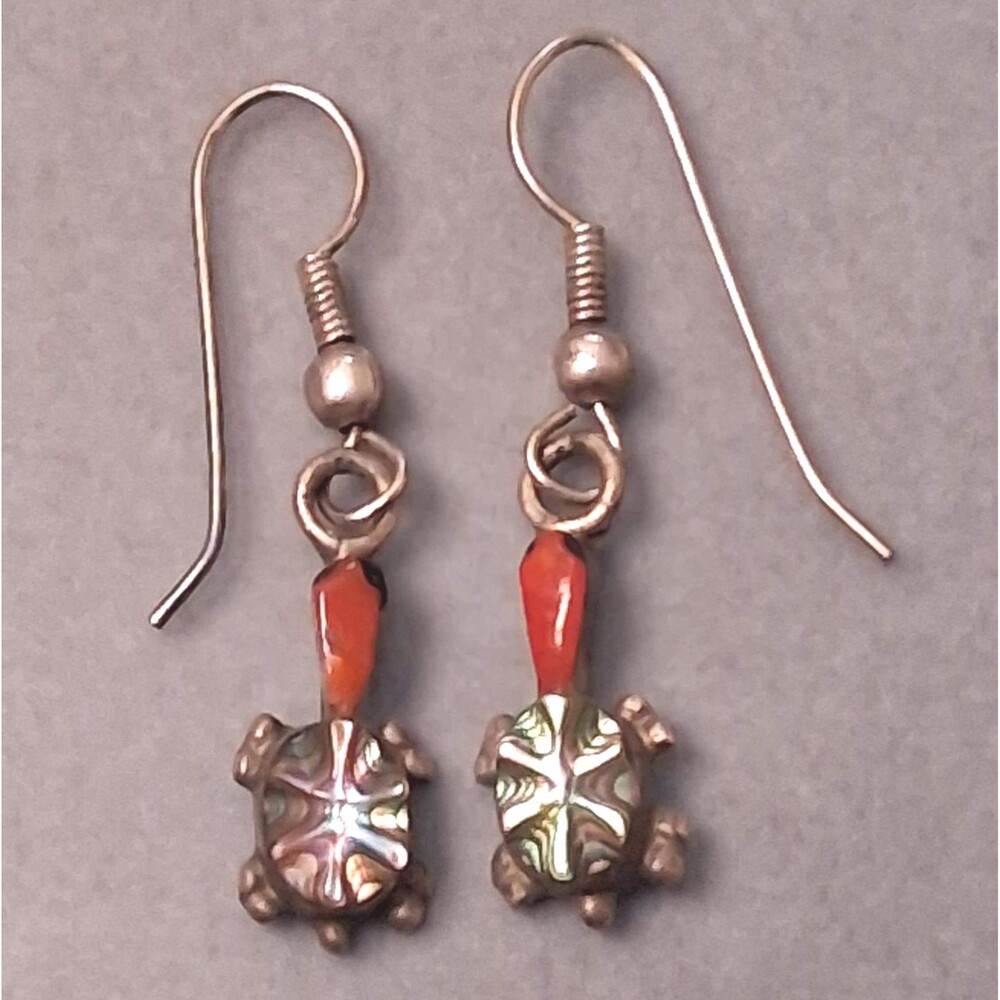 Carved Coral Turtle Earrings Abalone Shells